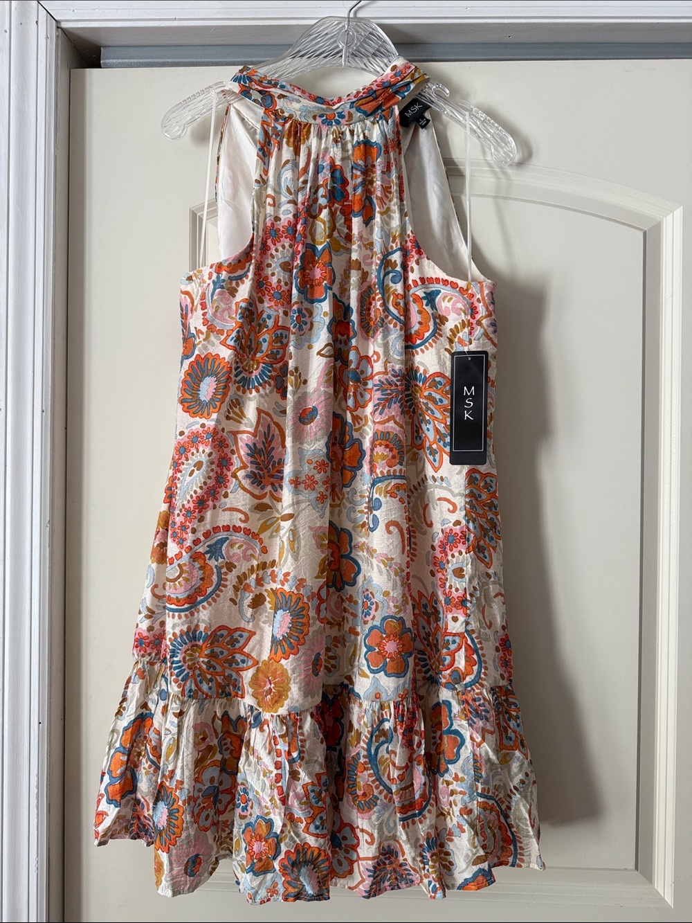 MSK Cream Floral Paisley Halter Dress with Orange & Blue Accents Size L